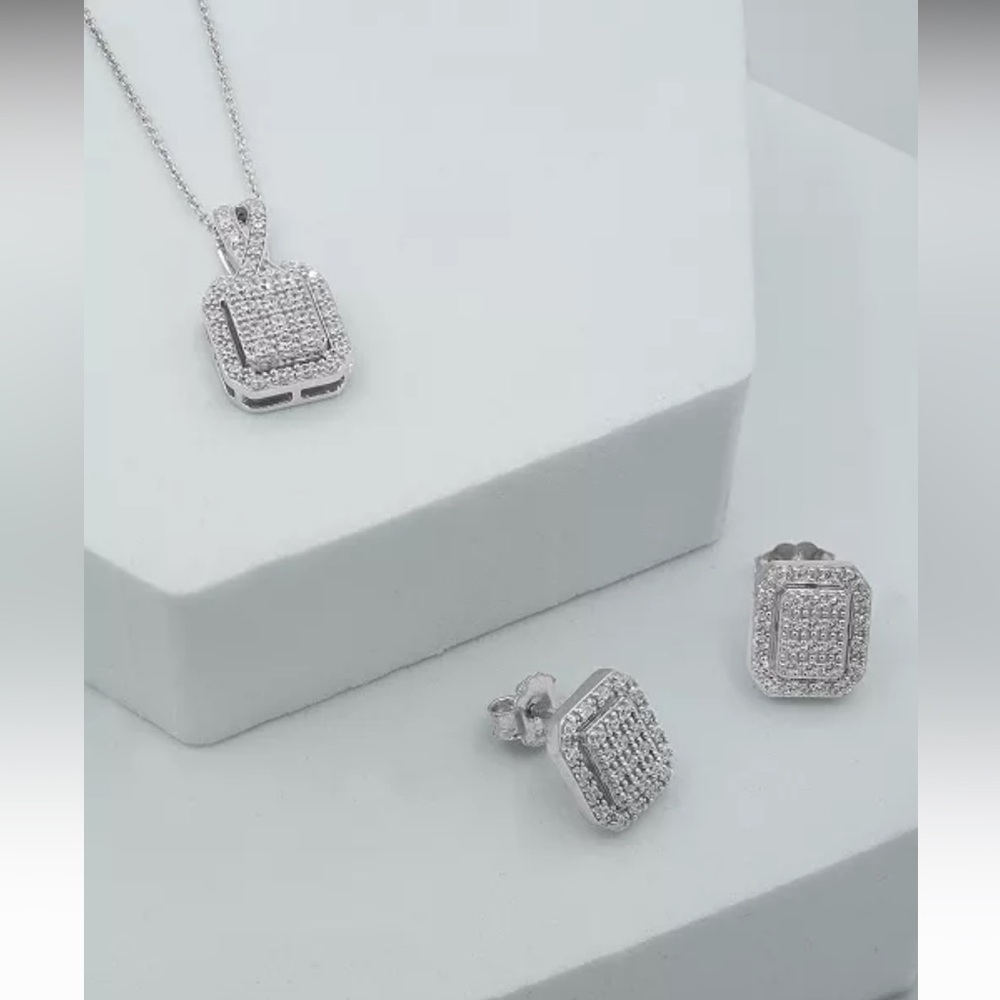 Diamond Octagon Halo Cluster Earrings & 18" Pendant Necklace Sterling Silver Set